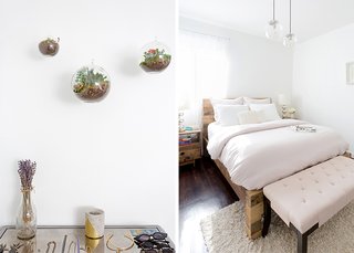 How to Design an Apartment You and Your Roommate Love - Photo 9 of 10 - Mirrored Weathered Oak Chest: Pier 1. Terrariums: similar. Emmerson Reclaimed Natural Wood Bed: West Elm. Globe Pendant Chandeliers: West Elm. Bench: similar; Source: Amy Bartlam/Parachute