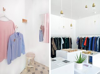 Combination of Old and New in a Fashion Store in Warsaw, Poland - Photo 3 of 4 - The fabric in sugary pink, which you can see from the street, hides a spacious fitting room.