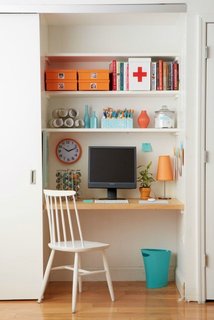 10 Ways to Solve Storage Problems in Small Spaces - Photo 10 of 10 - Be flexible about your layout to accommodate reality. If there's a need for dedicated space for a home office or nursery, consider repurposing a closet. Limiting the elements to those most necessary may not take up as much space as you think. Plus, it can always go back to its previous life later, if necessary.