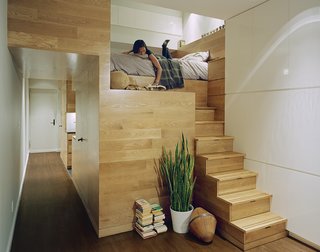 An intricately sculpted wood-paneled central service core contains the kitchen, bath, closets, and sleeping loft.