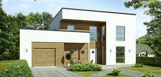 The "Marie" model by Scandinavian Homes brings modern with shades of Art Deco in two-story, 3/4-bedroom, timber-framed, self-build homes. At the front of the house is a well-lit breakfast kitchen, with a separate dining area. To the left of the front door is a pair of porthole windows that provide natural light to a cloakroom and shower room. At the rear of the house is a living room with several large windows and a door to the garden—and a study off to one side. The integral garage has a door to a workshop/store at the rear, and a side door into the utility room.