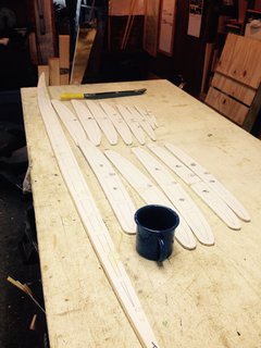 Meanwhile, the shape of the board comes from these ribs, cut from a template downloaded off the Internet, printed to paper and glued to a plywood board. It's not easy to find free, effective templates. Your best bet is to buy one, from about $100, from pros such as www.grainsurfboards.com . I had to modify and tweak the downloaded design here, aiming for a 6'2'' single-fin that's very wide at 22'', for easy paddling and stability.