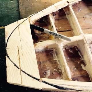 Detail showing the outline of the tail shape. I used strips and blocks of white pine and spruce for the tail and nose, also the "rails"—the edges of the board.