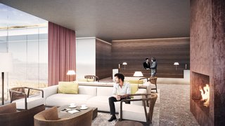 A Proposed Icelandic Resort Celebrates Wellness and its Magical Surroundings - Photo 4 of 18 - The lobby of the hotel mirrors the muted, red-hued color palette of the exterior.