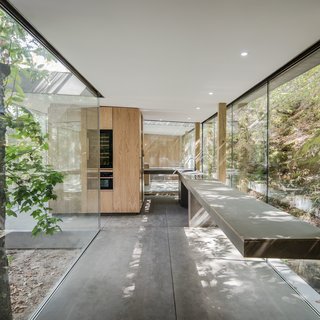 A Portuguese Glass House Uses Surrounding Foliage as a Privacy Screen - Photo 9 of 15 - A custom kitchen with a cantilevered countertop mimics the way the house is perched on a hillside, seeming to defy gravity.