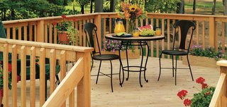84 Lumber Company, a building materials and service provider, offers a treated wood deck package that includes all of the materials needed to build their decks, along with instructions for optional benches, stairs, and railings. Their kits are available in a variety of predetermined sizes, from as small as eight feet-by-six feet to as large as 16 feet-by-12 feet.