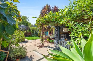 Edible plantings include Fuji apple trees, three varieties of blueberries, a Meyer lemon tree, and other trees including loquat, pineapple guava, fig, apricot, avocado, and grapes.