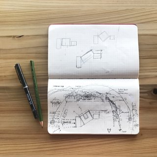 Gen's design approach begins with drawing, sketching, and architectural models; here, a sketch of the site for a new project in Hawaii is explored through freehand sketching.