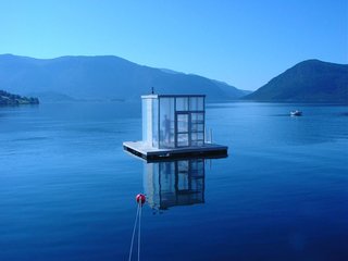 Designed by Marco Casagrande, this floating sauna was a gift for the Rosendal community, a village at the end of the majestic Hardangerfjord in Norway.