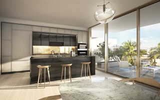 An example of Hansen's kitchen design for Three Hundred Collins. Hansen uses white oak flooring throughout the units for its density, strength, and neutral organic beauty. 