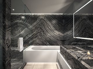 Hansen seamlessly blends sophistication and warmth using organic materials, such as Kenya black-honed marble and white oak. 