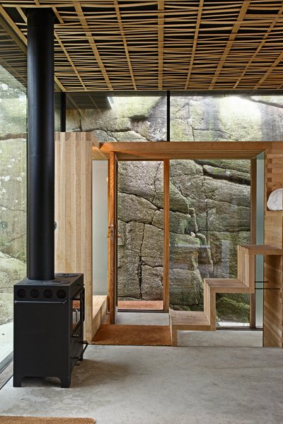 Oak steps lead to the loft bed.