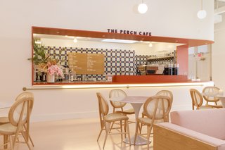 At the Perch Cafe, the Clé Tile backsplash is a striking focal point behind the tulip tables and chairs from Cru. The cafe menu incorporates offerings from local women-owned companies.