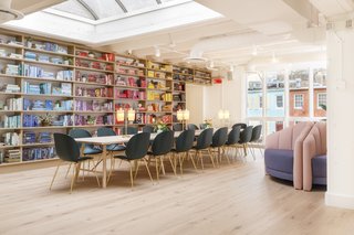 A communal table sits in the lending library, which features over 2,000 female-written titles, all curated by the Strand Bookstore. A "Wing Women Reading List of 50 must-read titles," composed by The Lantern—a local non-profit bookstore run by Bryn Mawr grads—is also available for use.