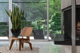 A view to the exterior seating area and trees.