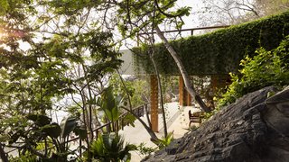 The modern palapa nestles into the naturally rocky slope. Vegetation is encouraged to grow over the structure.