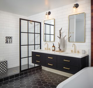 "Deliberate and intentional material placement was imperative to make this high contrast bathroom balanced," said Maggio. "Given that there was not much textural contrast, tile shape helped bring interest to the finishes."