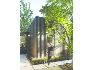 Light and shadow play on the textured facade. Greenery frames the simple, geometric form of the house. 