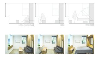 Custom furniture solutions maximize the functionality of the small space. A built-in Murphy bed and storage unit anchors the living space. A coffee table doubles as a bench for a fold-out window desk. 