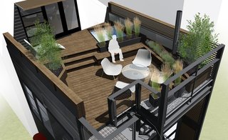 A rendering of the urban rooftop retreat displays the integral hot tub, built-in planters, greenery, and wood screen elements. 