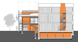 A diagrammatic building section displays, in orange, the spaces that have been modified, including the two-story modern addition, the crawlspace of the existing home, and a light-filled atrium that spills daylight into the historic home. 