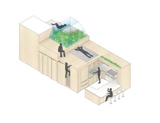 A Hidden Penthouse Sits Atop a Historic Cast-Iron Building in New York - Photo 5 of 16 - An isometric drawing demonstrates the "bonsai" space, complete with seating and an herb garden, perched above the built-in storage and kitchen. 