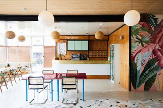 The lobby and reception space is adorned with retro pendant lighting, tropical wall graphics, and colorful furnishings. 