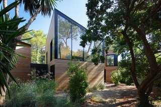 Large spans of glass look out on the surrounding lush vegetation.