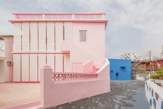 Pink rock salt covers the exterior patio.