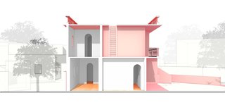 A diagrammatic building section of Her House reveals white spaces with tall, arched passageways. 