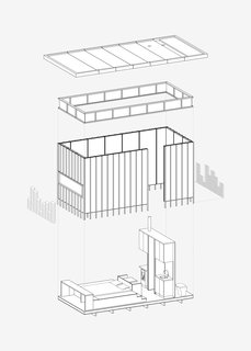 This axonometric drawing explains the building components that create the cabin, including everything from the floor plate and slate cladding, to the lantern of windows and up to the roof.