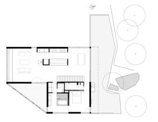 Here's the upper-level floor plan that includes the master suite, kitchen, dining area, and living room.