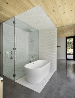 White, hexagon tiles frame the shower and tub in the master bath. On the opposite wall, full-height glazing connects the users directly with the landscape. 