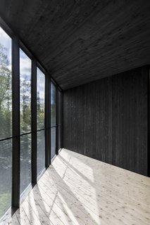 A screened-in porch with full-height openings projects into the surrounding landscape. The light wood floors contrast with the dark stained walls and ceiling.