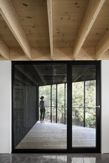 Full-height glazing provides a direct visual connection to the exterior foliage.