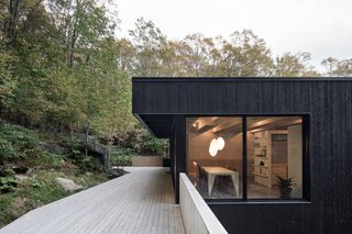 The dark-stained exterior cladding stands in contrast to the light wood decking and warm interiors.