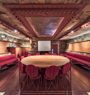 The Kiva Room, a half-submerged space, doubled as a conference room and movie theater for the Taliesin Fellowship. Today, the space displays beauty and culture through craft and detailing.