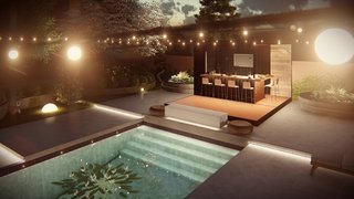 Bar seating and an extended wood platform provide a cozy, convivial setting.