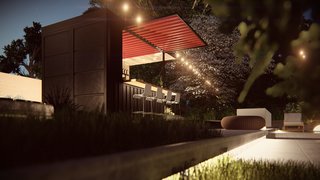 One end of the bar is solid, with the original shipping container painted dark. The other end is open with framed canopies and supports, revealing the bar concept.