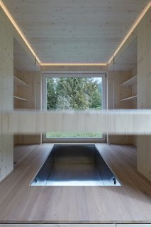 The movable bed rises up towards the ceiling to reveal a hidden jacuzzi below.