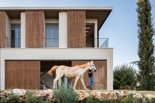 The home connects to the rural surroundings, reflecting the colors and textures of the scenery where horses graze and olive groves grow.