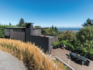 The wood-clad home sits between tall native grasses and dense foliage.