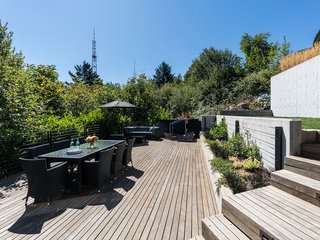 A large ipe deck nestled into the hillside is hidden from the road above.