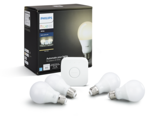 A Philips Hue White Bulbs starter kit (above), paired with a Hue motion sensor, dimmer switch, and Echo Dot smart speaker gives you voice- and motion-controlled lighting for under $200.