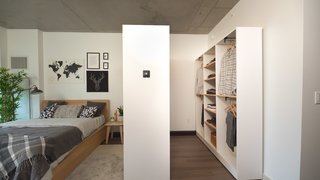Ori's Pocket Closet is installed on a robotic rail. It opens and closes using a built-in controller, a smartphone, or voice control.