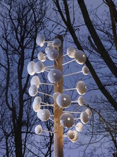 Månstråle House by Beep Studio features nesting pods created from old IKEA STRÅLA lamp stands. The pods are positioned at the right height for common British birds like blue tits and great tits. 