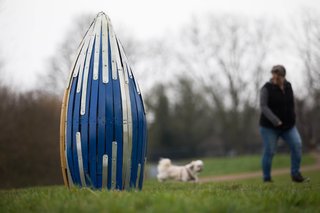 The Bug Bud by Iain Talbot. This bright blue bug hotel is made from old IKEA chairs and leftover cladding from an IKEA store. 