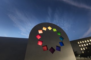 A stained glass design of "tumbling squares" adorns the east façade of Ellsworth Kelly's "Austin." 