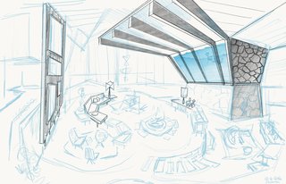 The home's expansive living room shares a glass wall with the swimming pool.