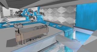 The midcentury home embraces its unique topography, perched on the precipice of a waterfall. Throughout the home, a stream flows from room to room.